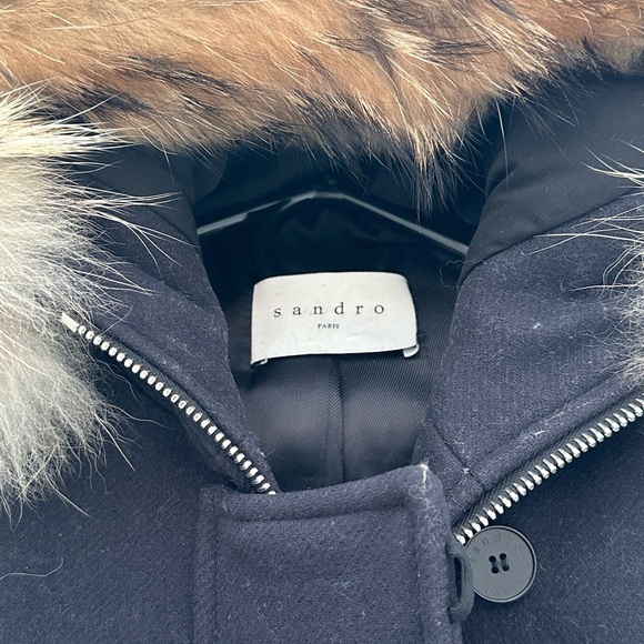 Sandro virgin wool coat with hood and racoon fur size 36 (size 2) color navy - Picture 7 of 7